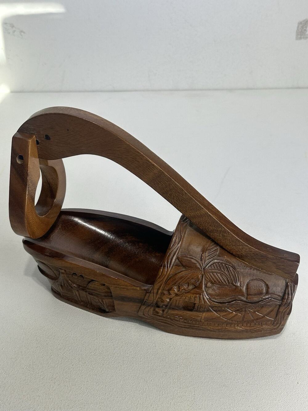 Vintage Handmade Wooden Shoe Shaped Wine Bottle Holder Carved Hawaiian